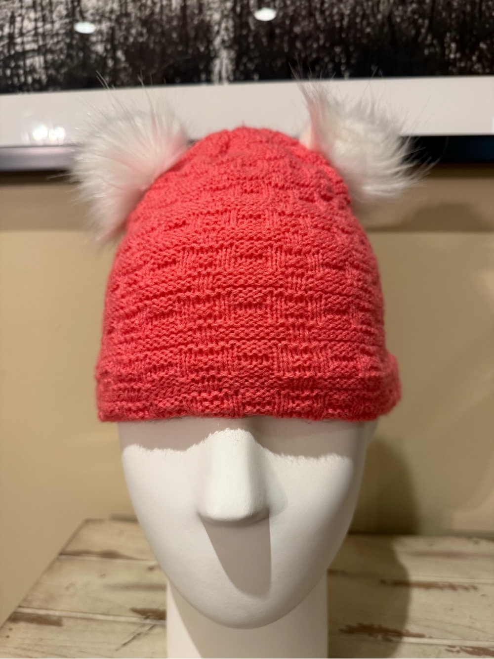 Screamer Coral Pink Knit Beanie White Double Pom Fleece Lined Winter Hat